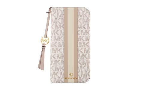 iPhone 17 Pro Maxp MICHAEL KORS ubN^CvP[X with Tassel Charm^Beige Pink Stripe