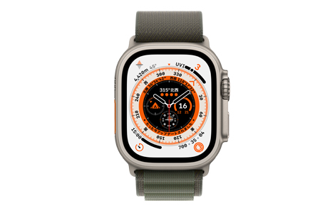 Apple Watch Ultra- 49mmチタニウムケースとグリーンアルパインループ 