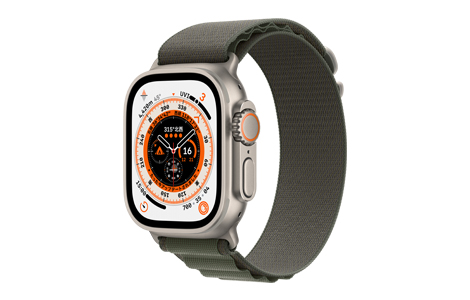 Apple Watch Ultra- 49mmチタニウムケースとグリーンアルパインループ 