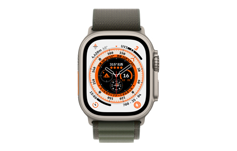 Apple Watch Ultra- 49mmチタニウムケースとグリーンアルパインループ