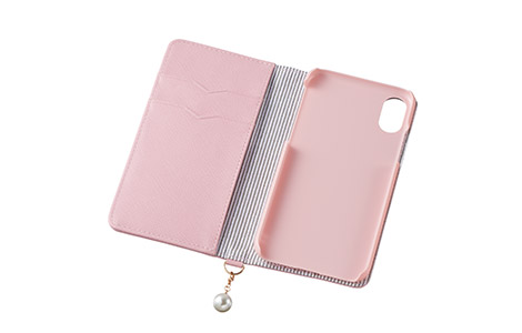 iPhone X用 パールチャーム付きブックタイプケース／ピンク