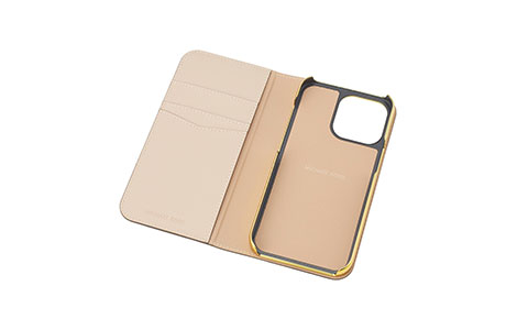 iPhone 13 Pro用 MICHAEL KORS ブックタイプケース／Beige Pink Stripe