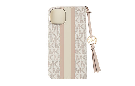 iPhone 14用 MICHAEL KORS ブックタイプケース with Tassel Charm／Beige Pink Stripe