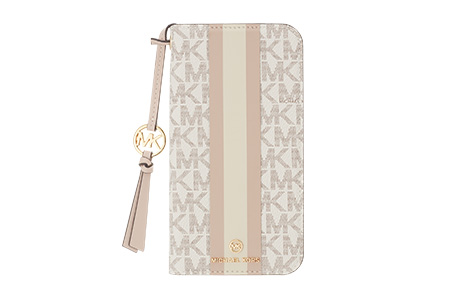 iPhone 14 Pro用 MICHAEL KORS ブックタイプケース with Tassel Charm／Beige Pink Stripe