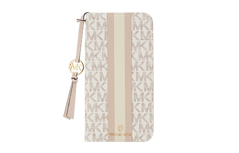 iPhone 14 Plusp MICHAEL KORS ubN^CvP[X with Tassel Charm^Beige Pink Stripe