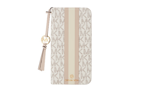 iPhone 14 Pro Max用 MICHAEL KORS ブックタイプケース with Tassel Charm／Beige Pink Stripe