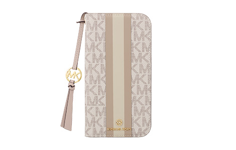 iPhone 16p MICHAEL KORS ubN^CvP[X with Tassel Charm^Beige Pink Stripe