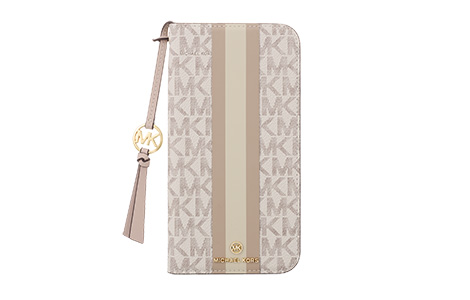 iPhone 16 Plusp MICHAEL KORS ubN^CvP[X with Tassel Charm^Beige Pink Stripe